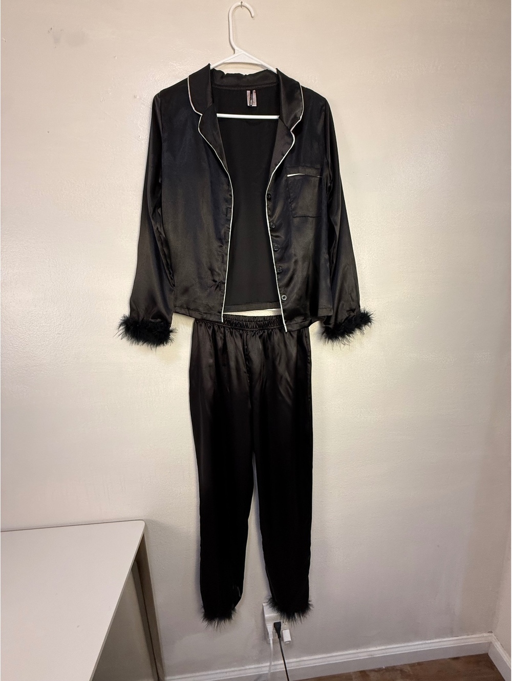 Black Satin Pajama Set with Feather Trim Fashion Nova